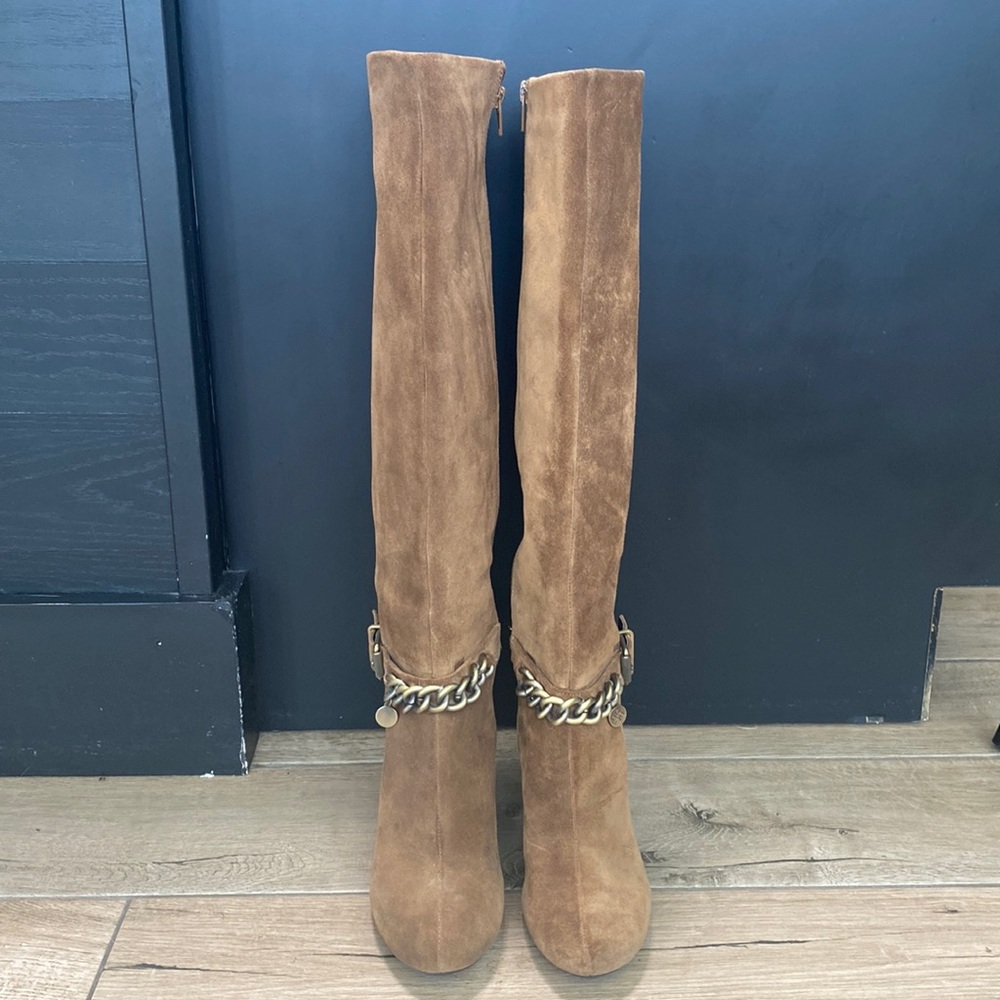 BCBGeneration Brown suede leather tall boot with brass chain. Wedge heel 3 in.